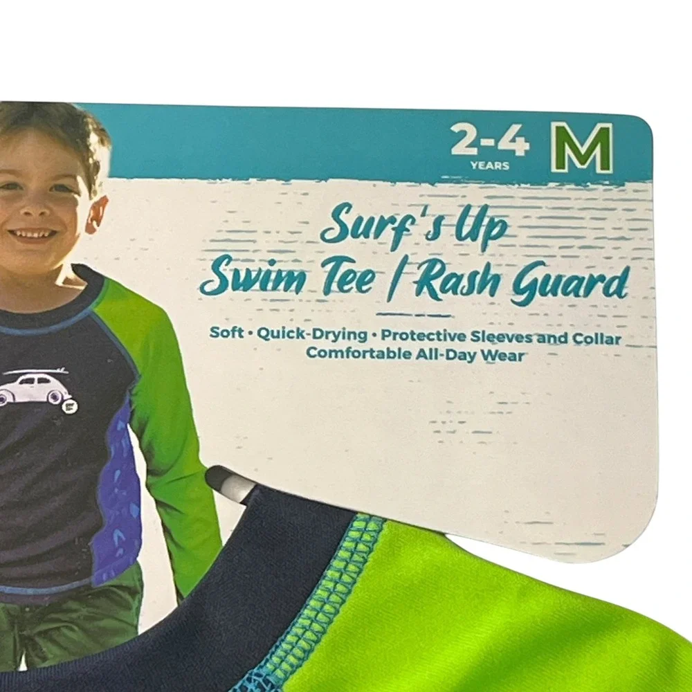 Sun Smart Boy's Rash Guard Swim Tee UPF 50+ Surf Car Graphic Green Blue Size 2-4